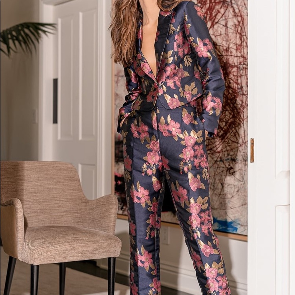 Navy Blue Floral Satin Jacquard Pant